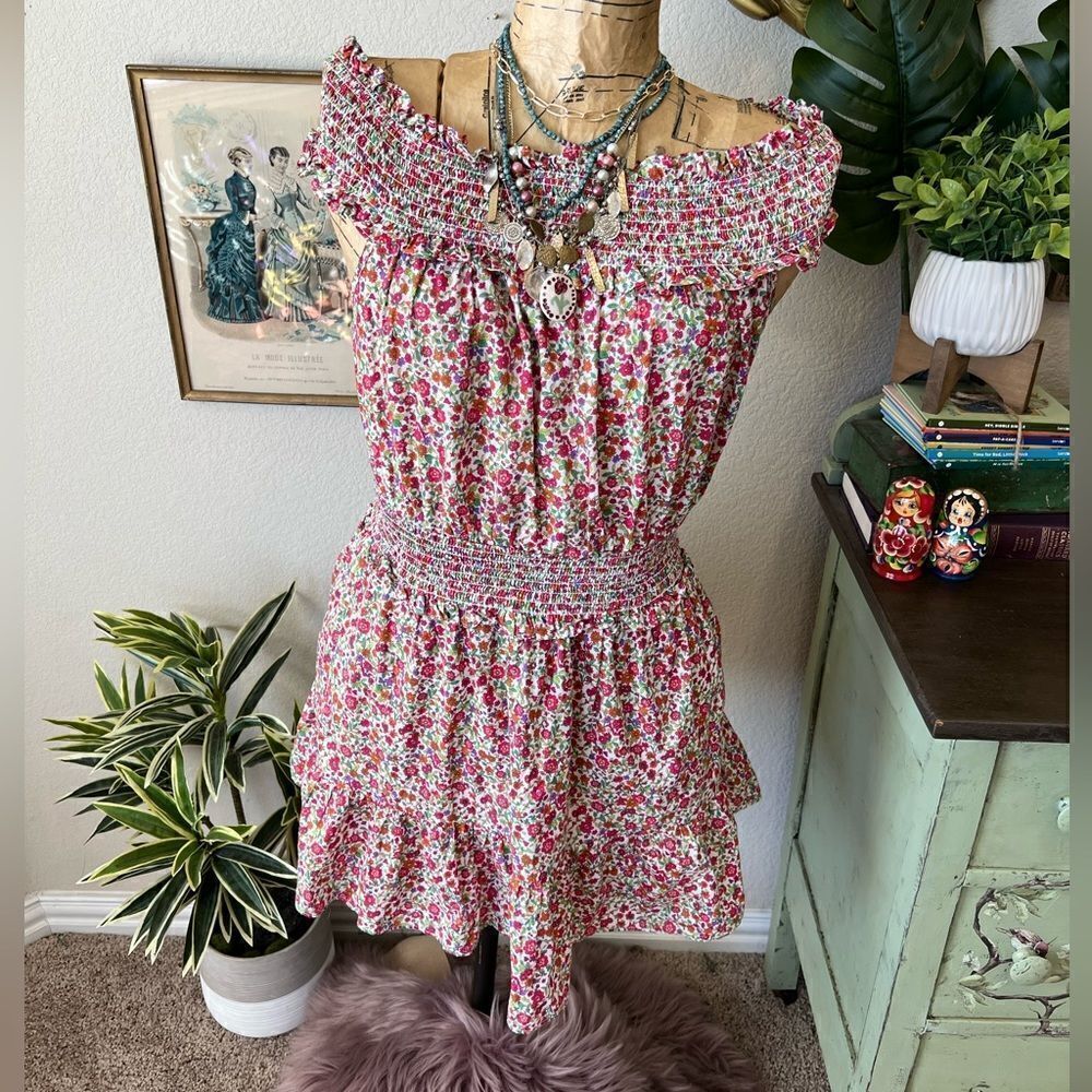 DO + BE Ditsy Floral Colorful Off Shoulder Smock Elastic Waist Mini Dress Sz M